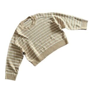 Tahari Sweater Women’s XLarge Tan White Cropped Stripes Boxy Drop Shoulder Cozy